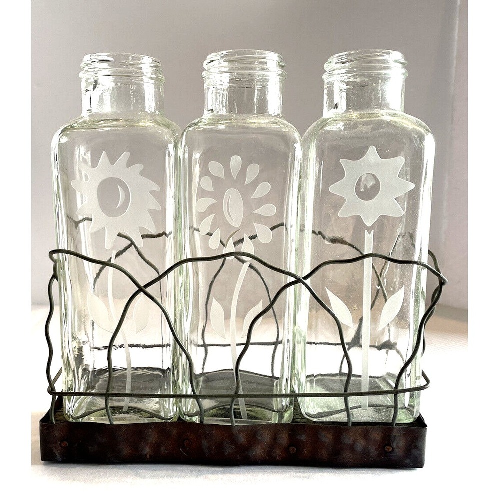 Set of 3 Engraved Wild Flowers in the Glass Vase in a Rustic Farmhouse Rack